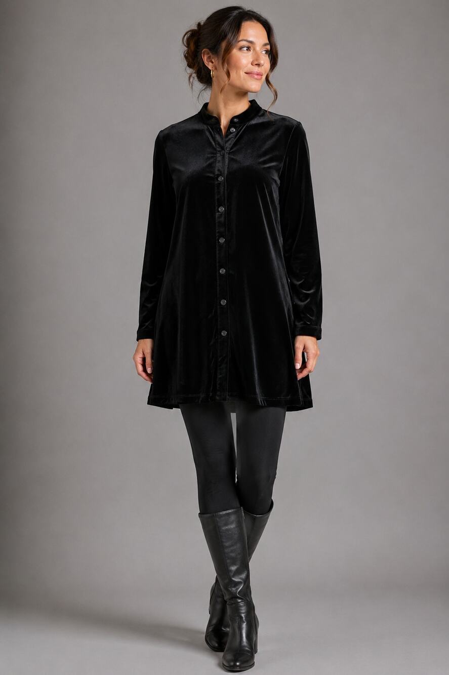 Women’s Black Stretch Velvet Tunic Shirt Dress Button Front M/L